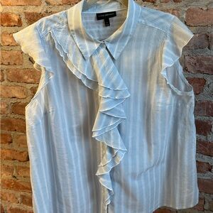 Lane Bryant Light Blue & White Striped Ruffle Short Sleeve Blouse